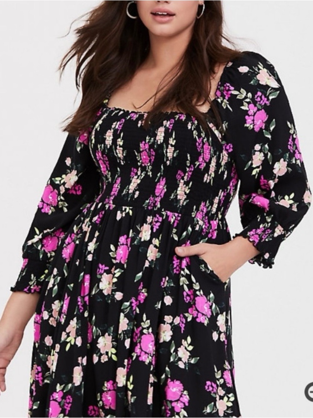 Torrid plus Black Floral Smocked Midi Dress with Pink Blooms